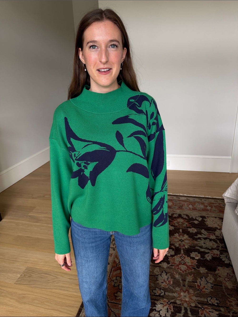 Cary’s Maeve Anthropologie Green Floral Mock-Neck Sweater M